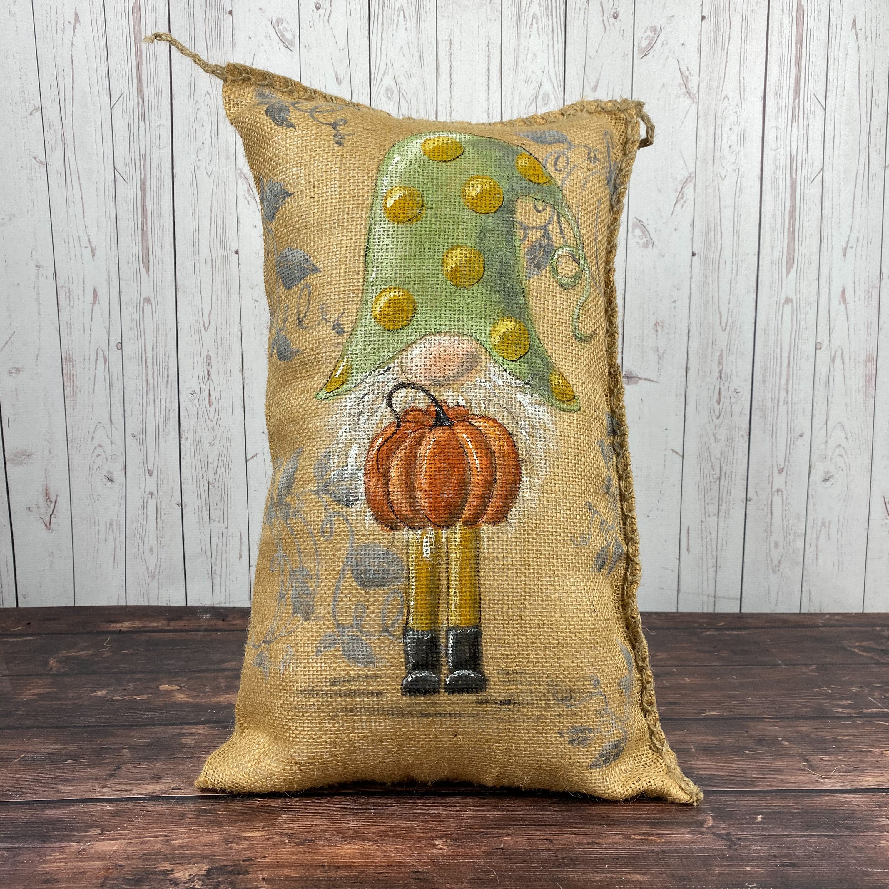  Fall Gnome Pumpkin Burlap Porch Pillow 