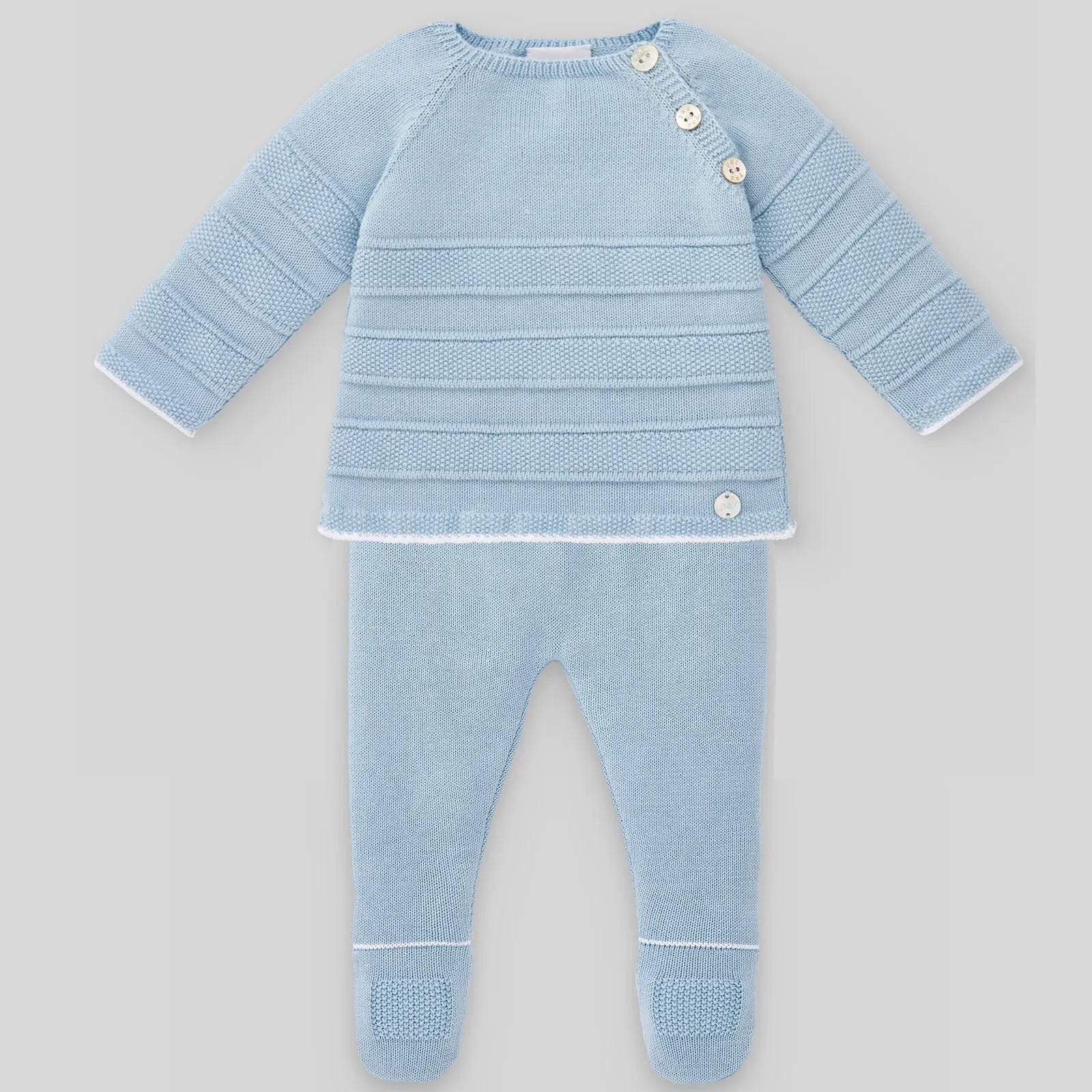 Blue Almonds Ltd Boy's Knitted Footed Set in Seaside Blue & White paz rodriguez