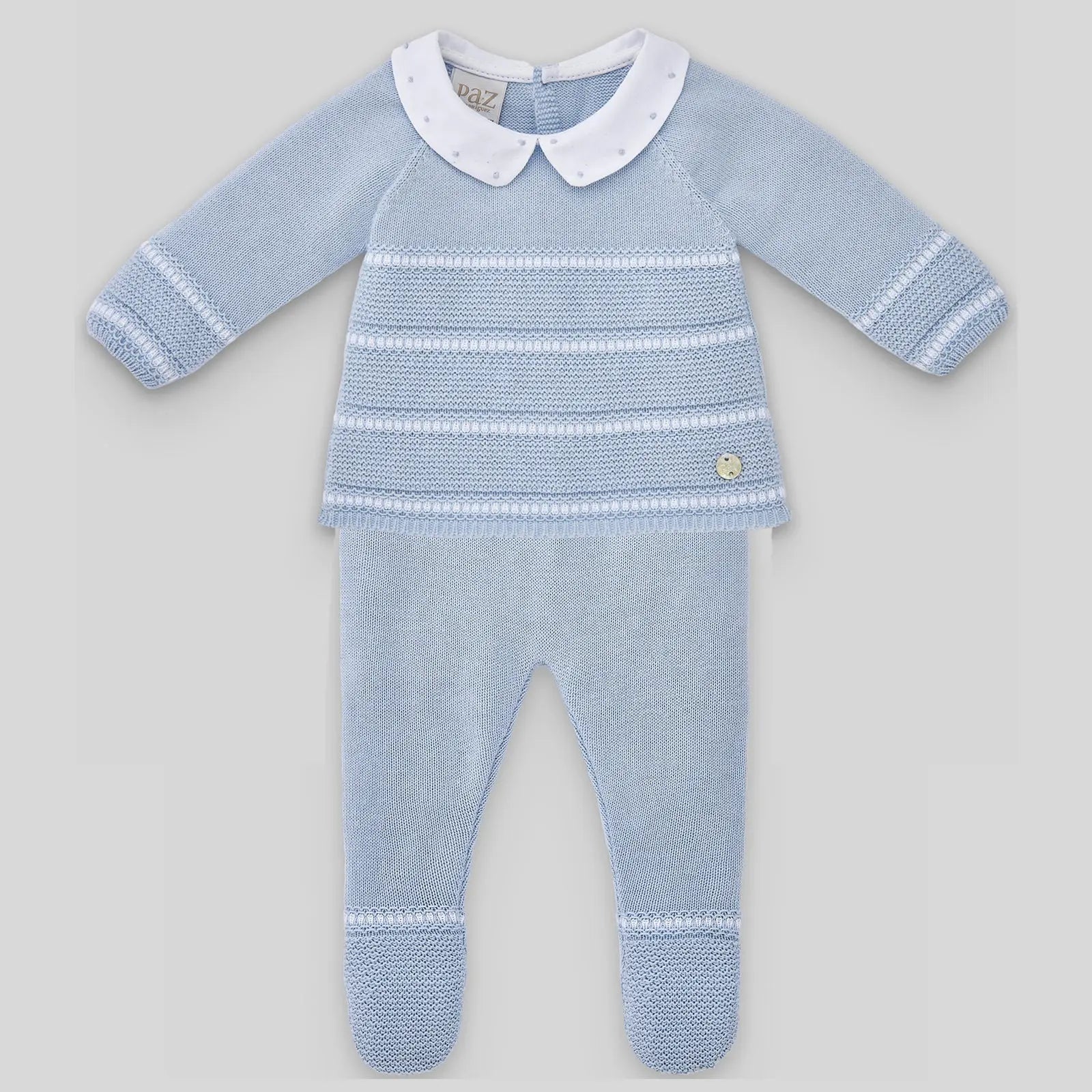 Blue Almonds Ltd Boy's Knitted Footed Set in Sky Blue & White Blue Almonds