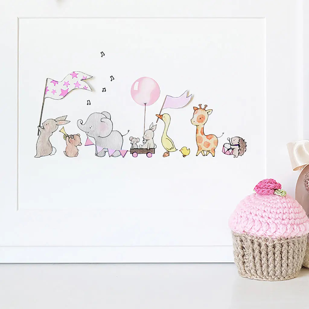 Picture "animals on parade" pink-Nursery art-Daisy & Bump-Blue Almonds-London-South Kensington