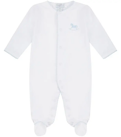 babygrow with blue rocking horse motif