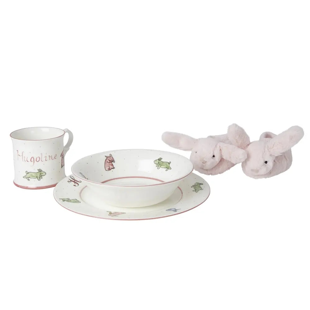 Personalised 3-piece ceramic set bunnies pink-Dining sets-Blue Almonds-Blue Almonds-London-South Kensington