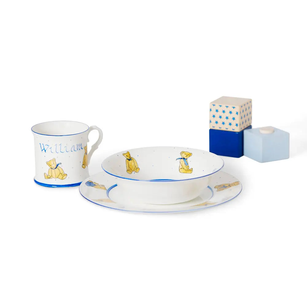 Personalised 3-piece ceramic set teddies blue-Dining sets-Blue Almonds-Blue Almonds-London-South Kensington