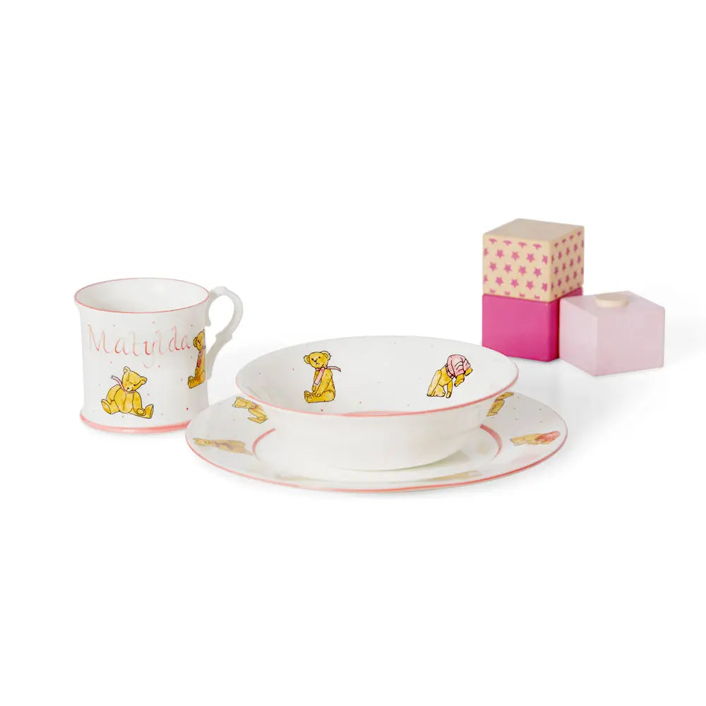 Personalised 3-piece ceramic set teddies pink-Dining sets-Blue Almonds-Blue Almonds-London-South Kensington