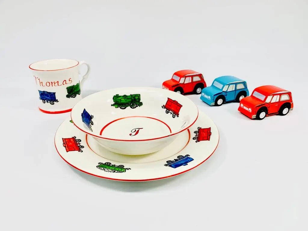 Personalised 3-piece ceramic set trains-Dining sets-Blue Almonds-Blue Almonds-London-South Kensington