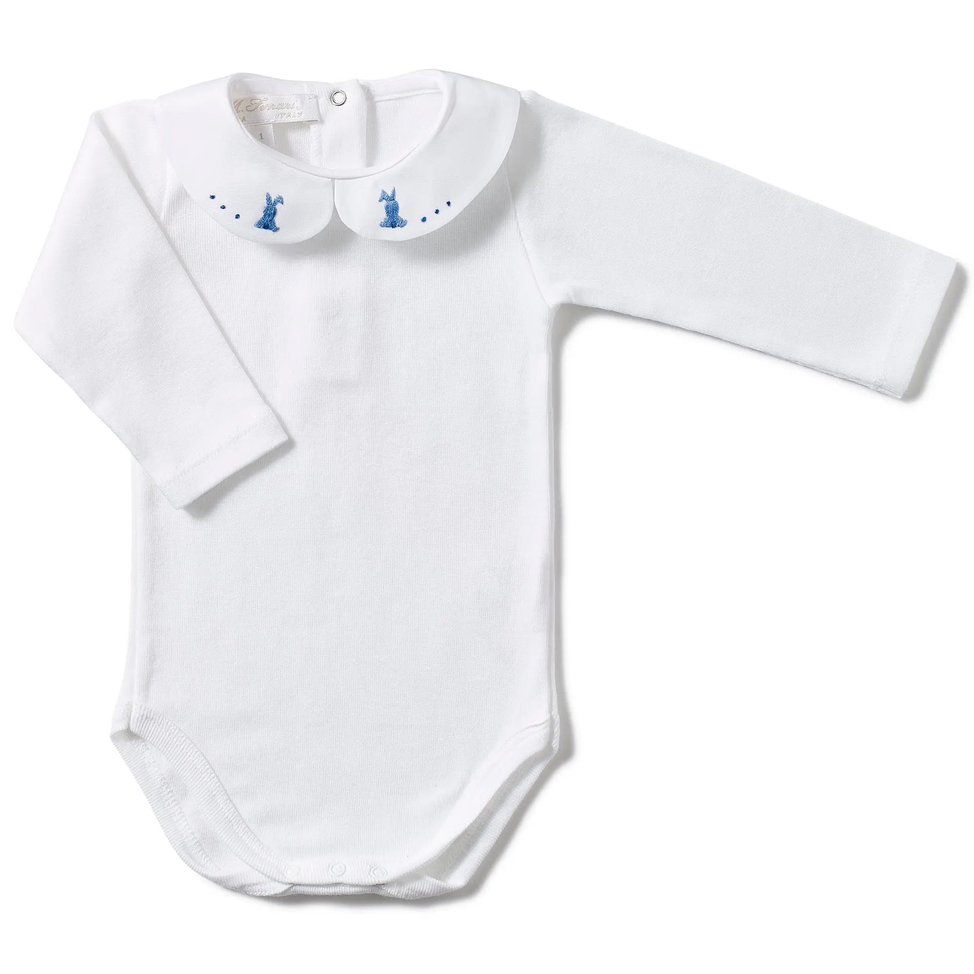 Long- sleeve body embroidered bunny blue-Layette-Ferrari Mariella-Blue Almonds-London-South Kensington