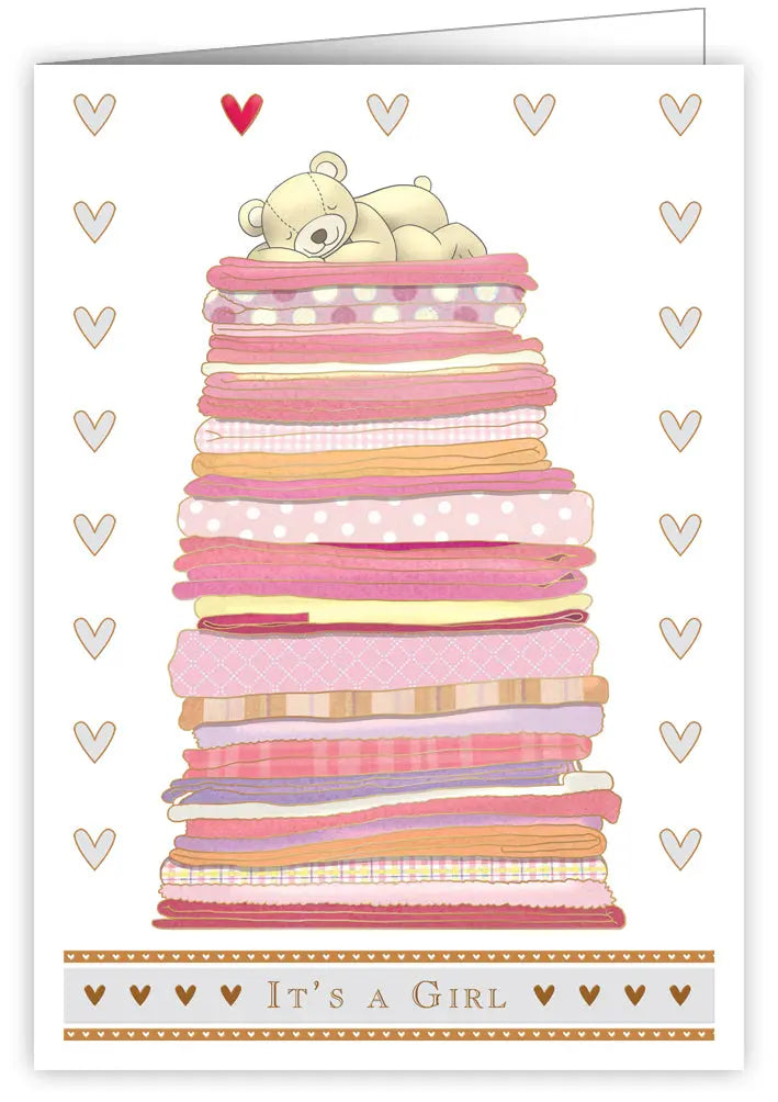New baby card "it's a girl bear on blankets"--Quire Publishing-Blue Almonds-London-South Kensington