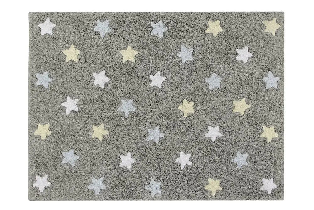 Washable cotton rug "tricolor stars" grey - blue-Nursery & Beyond-Lorena Canals-Blue Almonds-London-South Kensington
