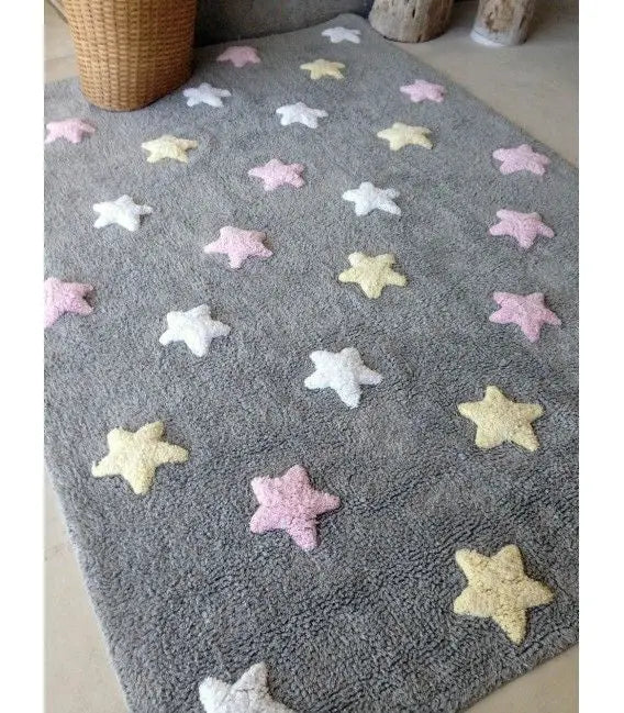 Washable cotton rug "tricolor stars" grey - pink-Nursery & Beyond-Lorena Canals-Blue Almonds-London-South Kensington
