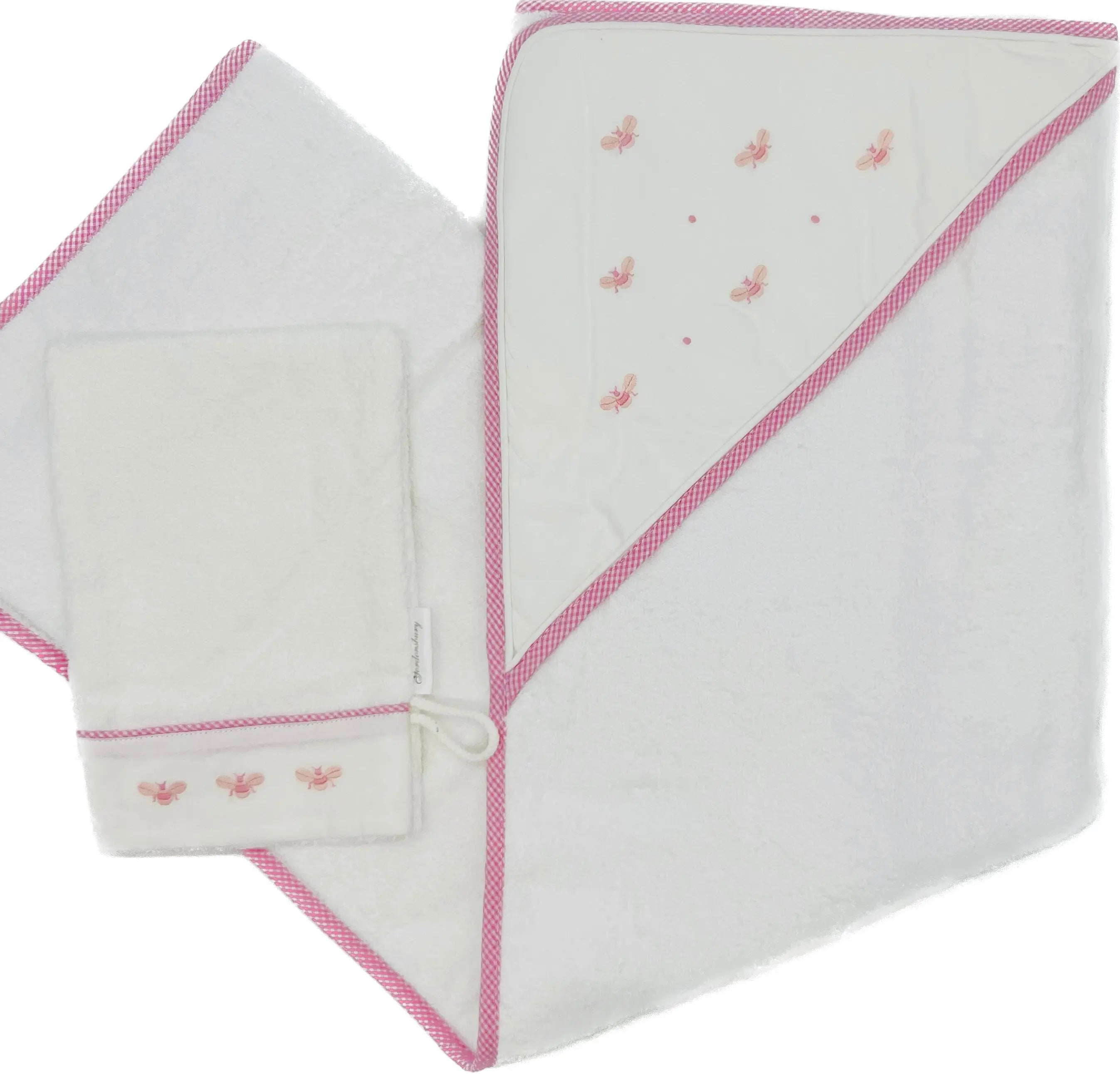 Hooded towel & mitt "baby bees" pink-Towels & bedlinen-Gordonsbury-Blue Almonds-London-South Kensington