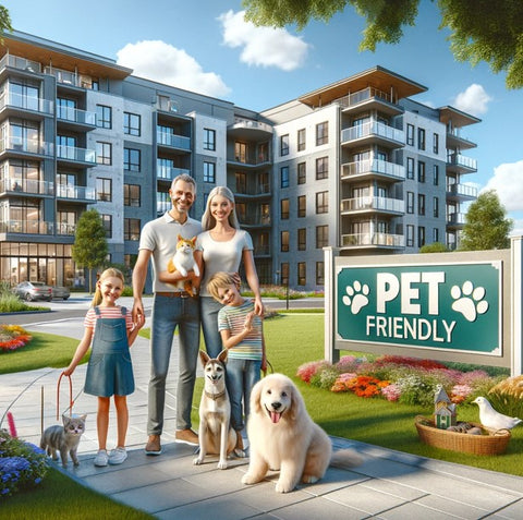 Family with pets in front of pet friendly apartment building