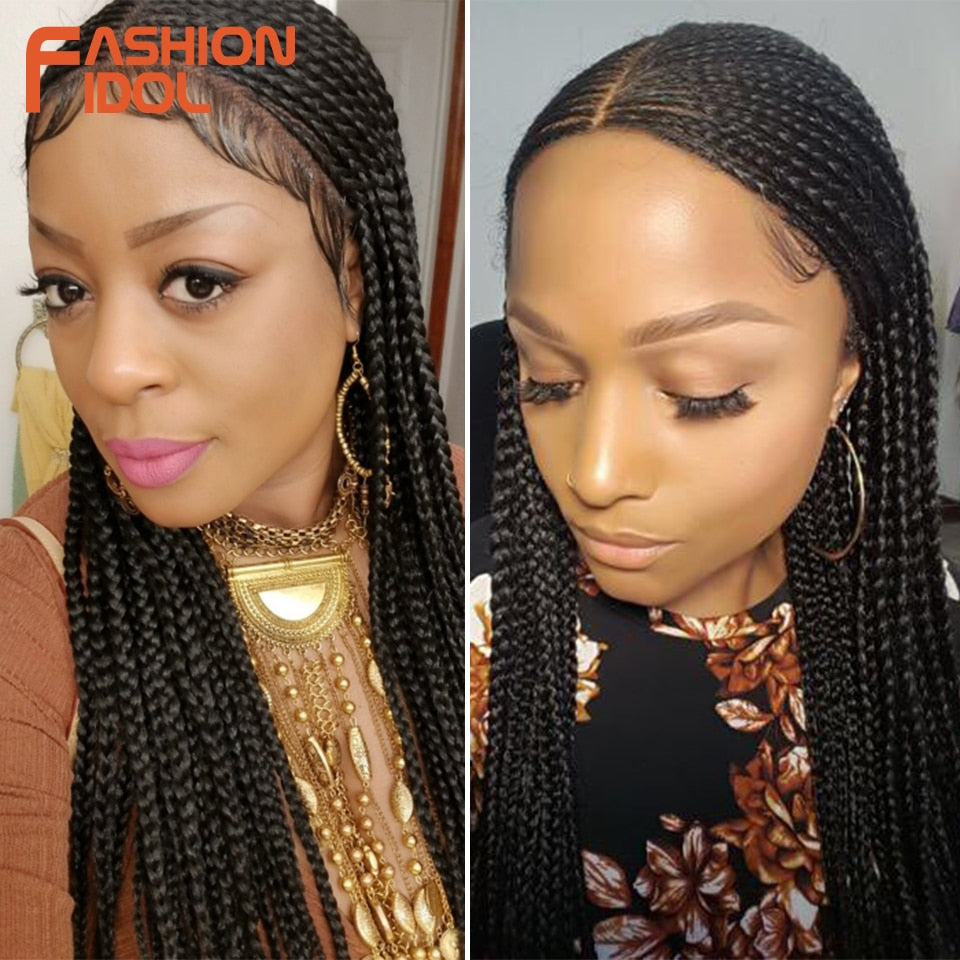 FASHION IDOL Braided Wig Synthetic Lace Front Wigs For Black Women Ombre Brown 34Inch Hair Braid Wigs Premium Braided Box Braids