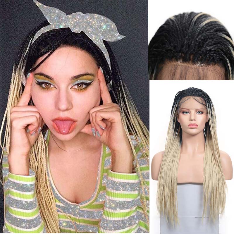 Lace Front Wigs Synthetic Black Ombre Blonde Box Braids Wig with Baby Hair Half Hand Tied Braided Wigs for Black Women