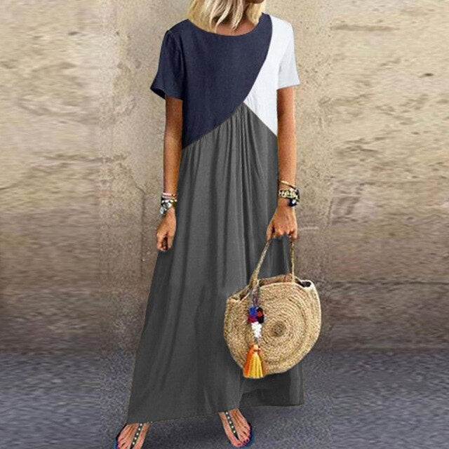 5XL Vintage Short Sleeve Long Dress Patchwork Casual Loose Plus Size Retro Maxi Dresses Women Summer O-neck Beach Dress#65