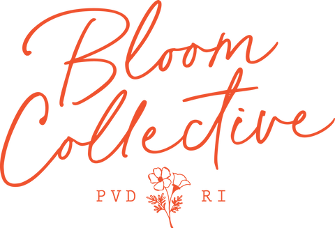 The words 'Bloom Collective' are written in cursive. At the bottom , there is an image of a flower. Next to the flower are the letters, 'PVD RI'.