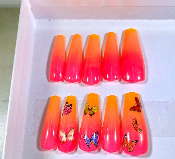 Pink Orange Yellow Ombre Nails With Butterfly Option Press On Fake Nai Nana Nails Store