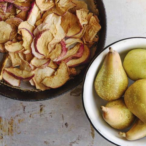 Dried Pear Chips and Pears in a bowl