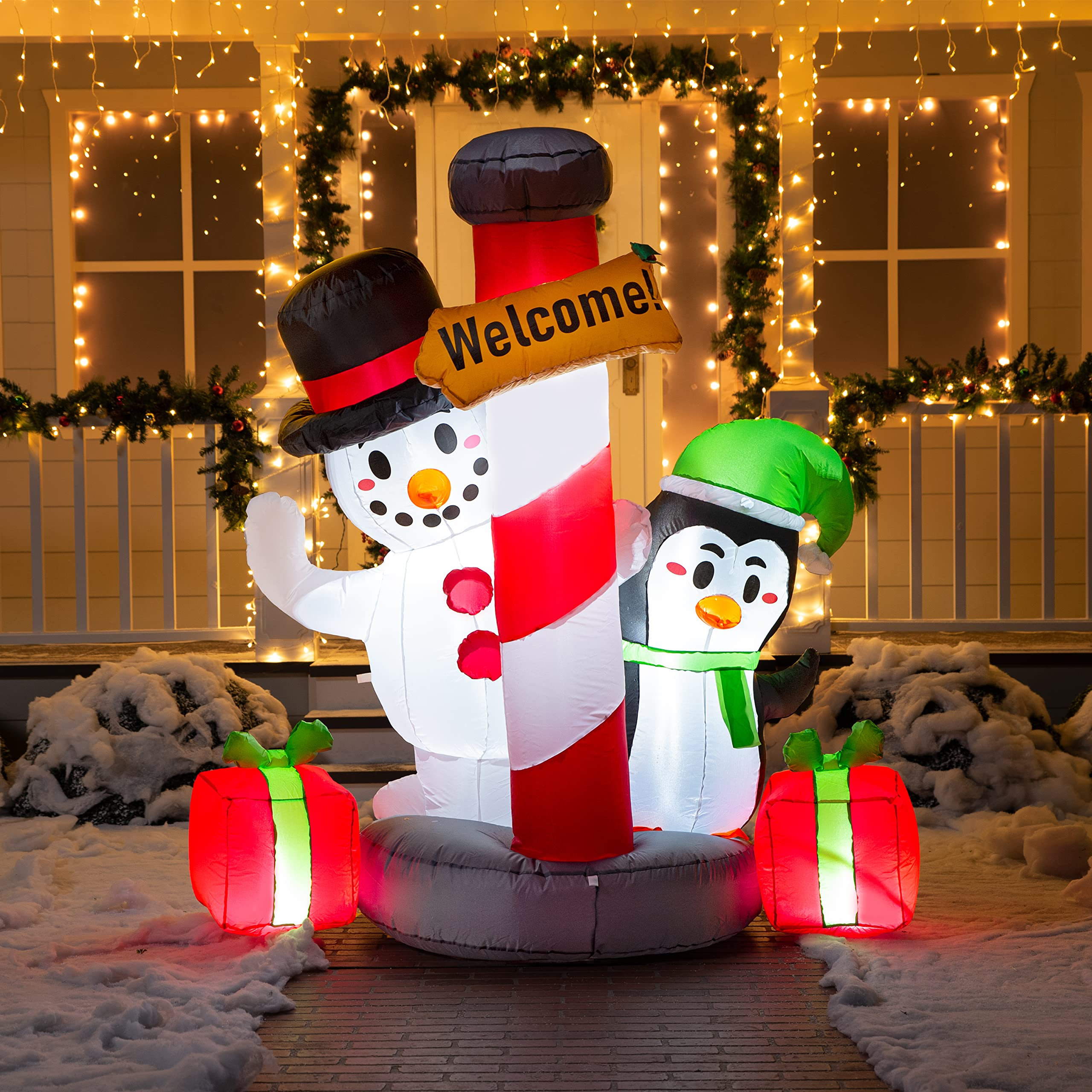 6ft Tall Inflatable Christmas Welcome Sign with A Penguin and Snowman