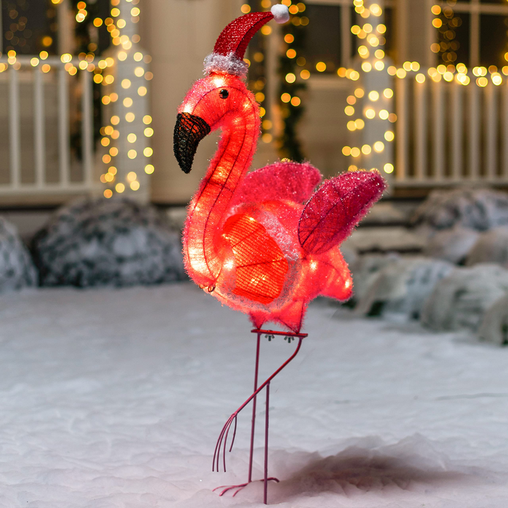 3ft LED Yard Lights - Tinsel Flamingo with Christmas Hat - Joiedomi