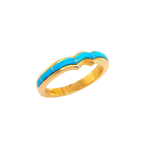 Gold Jewelry - 14K Solid Gold & Sleeping Beauty Turquoise Inlay Designer Thin Band Stack Ring