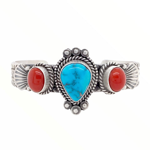 Sold Navajo Teardrop Kingman Turquoise & Red Coral Stamped Sterling ...