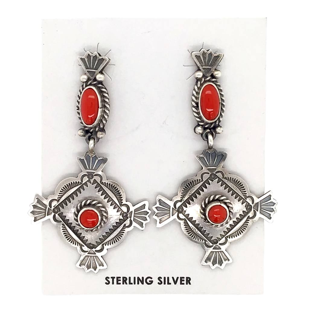 Sold Navajo Coral Oxidized Sterling Dangle Earrings Mike Calladitto Native American Jewelry 