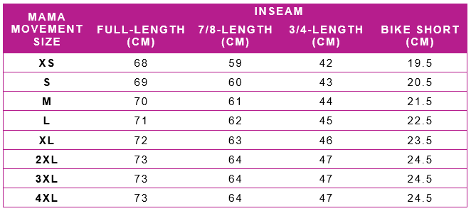 Size Table - Leggings Full Length, 7/8 Length, 3/4 Length and Biker Shorts