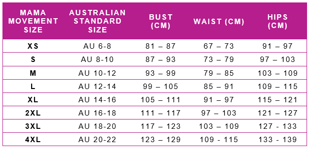 Size table - Australian activewear and swimwear for women