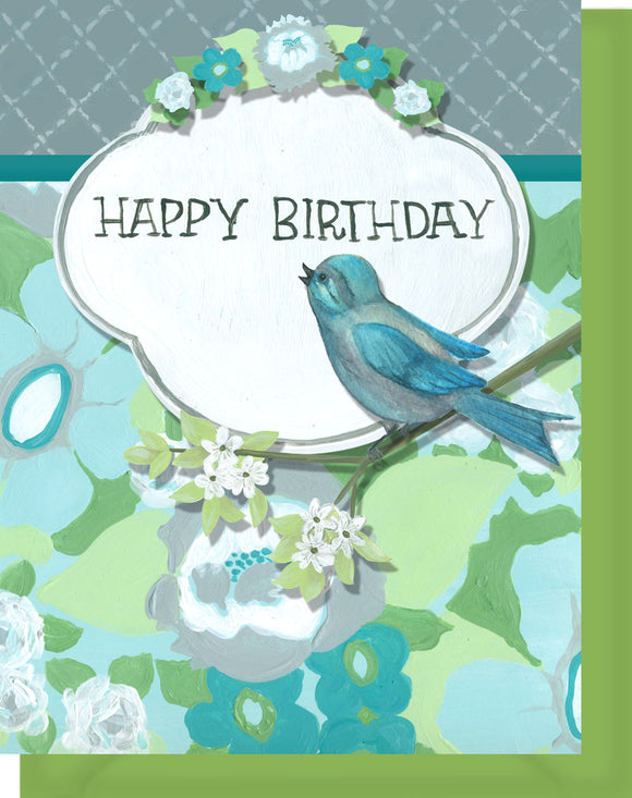 Happy Birthday Greeting Card - Blank Inside - Blue & Green Flowers & Bird