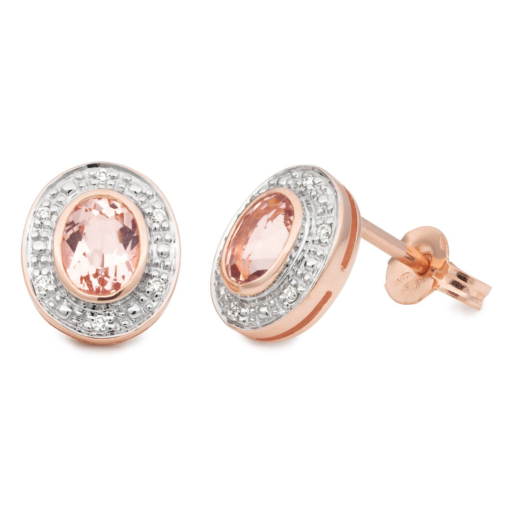 Morganite & Diamond Bezel/Bead Set Stud Earrings in 9ct Rose Gold
