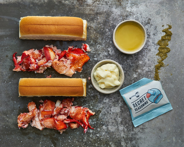 lobster roll ingredients: lobster meat, buns, mayo, butter, and Luke's secret seasoning