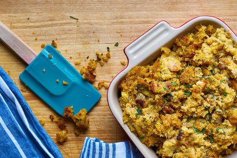 lobster stuffing in a pan on a wooden table