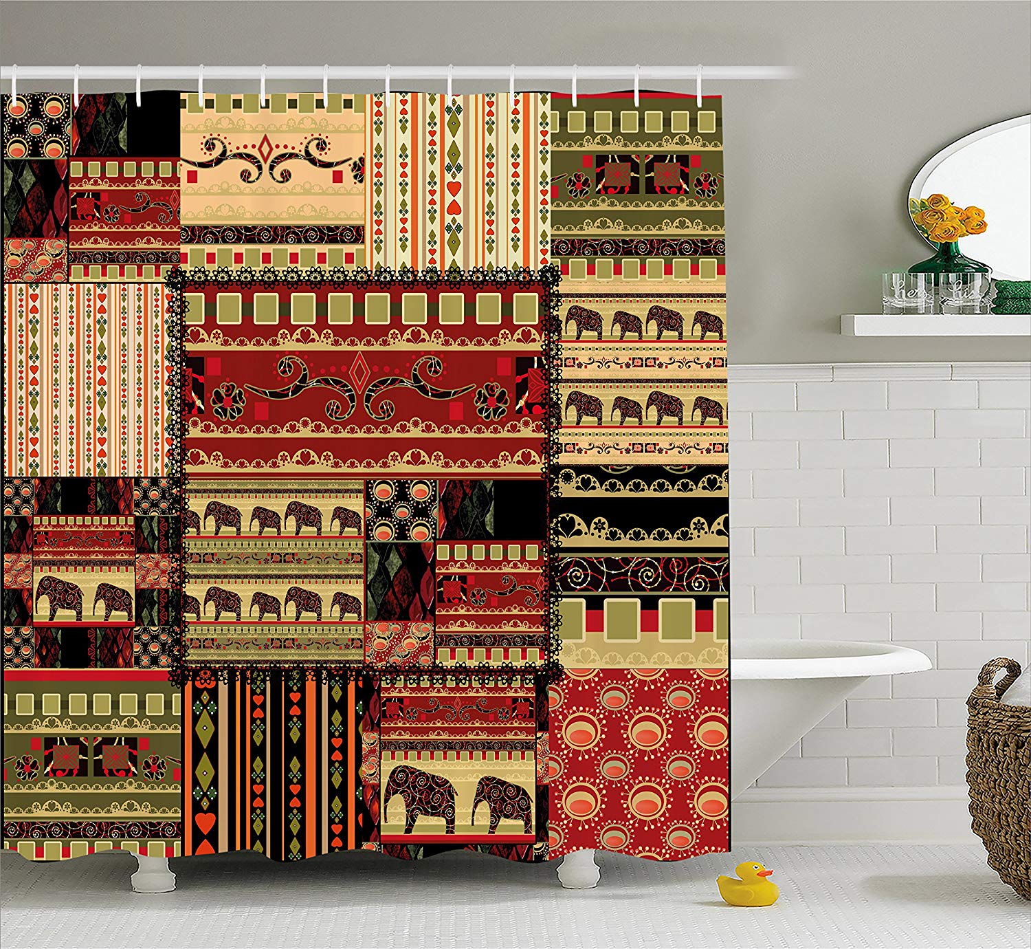 Ambesonne African Shower Curtain Patchwork Style Asian Pattern With Elephants And Cultural Ancient Motifs Print Fabric Bathroom Decor Set With Hooks 75 Inches Long Red Green Black Ufumbuzi Home