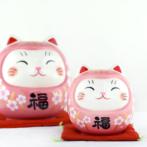 Japanese Cherry Blossoms Pink Cat Ceramic Piggy bank Ornament