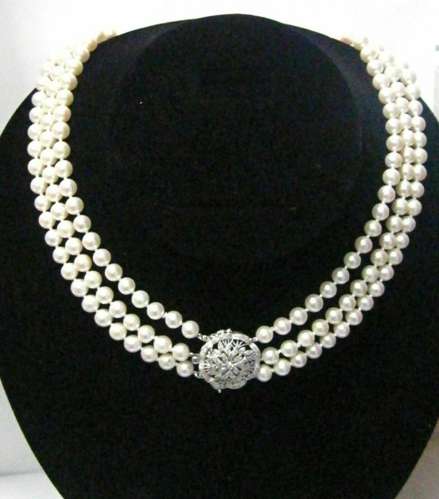 Pearls & Diamonds Diamond Pendant Three String Pearls Necklace 18k 17.5 ...