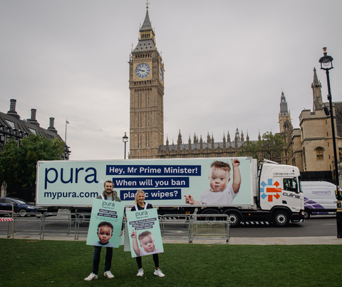 Lorry outside parliament campaigning for a ban on plastic wipes.