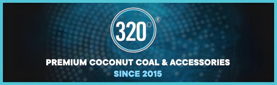 Elegant 320° Brand Banner Showcasing Premium Coconut Coal and Accessories