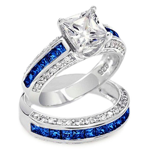 Thin Blue Line 3.585 cttw Princess Cut Engagement Ring Set Blue CZ Acc ...
