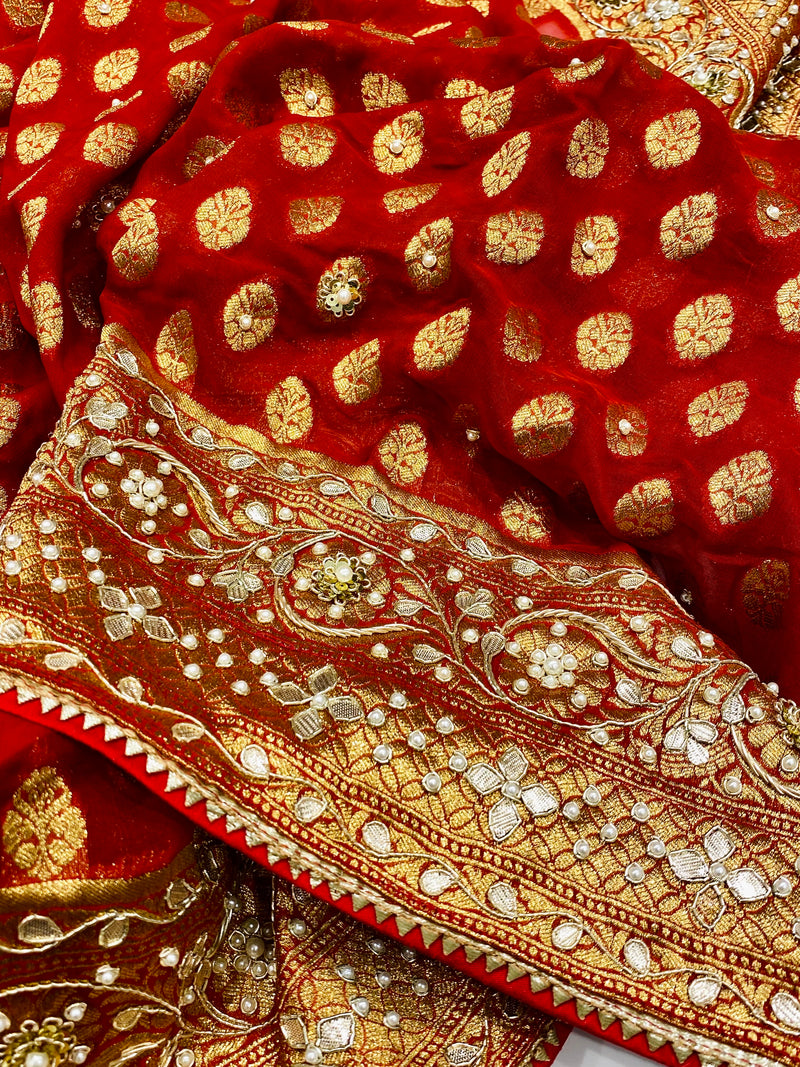 Red Banarasi Buttis with Hand Embroidery Georgette Saree – Mahavirs