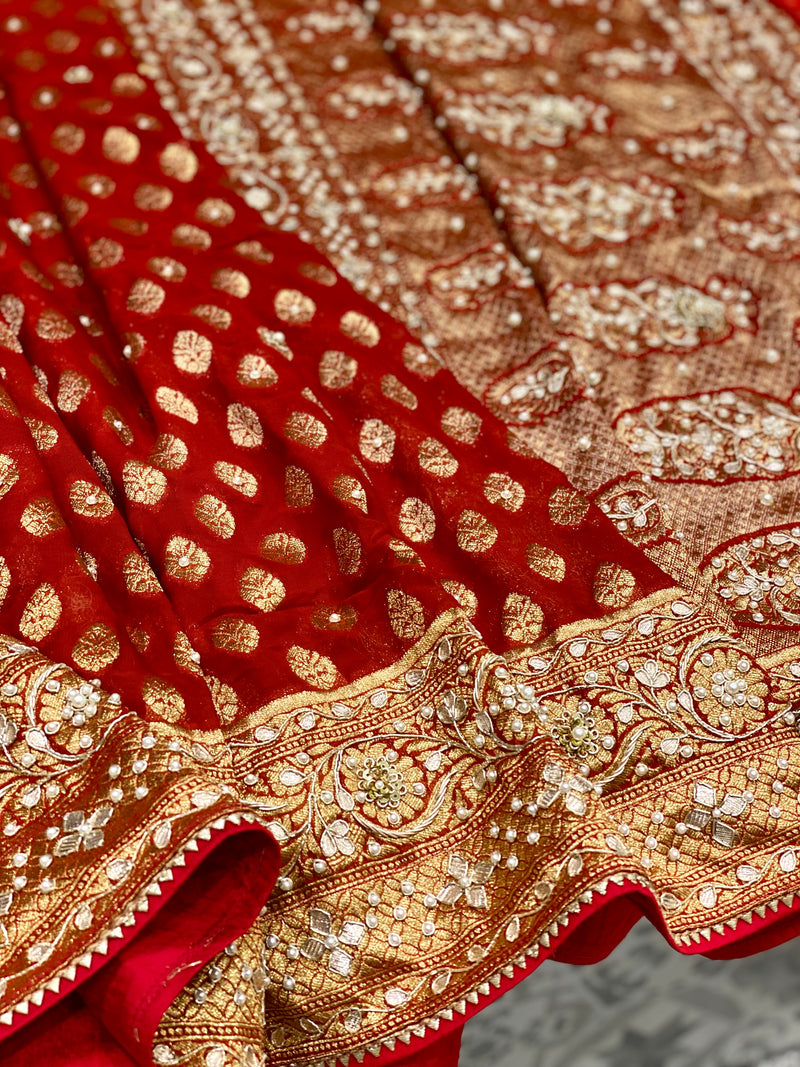 Red Banarasi Buttis with Hand Embroidery Georgette Saree – Mahavirs