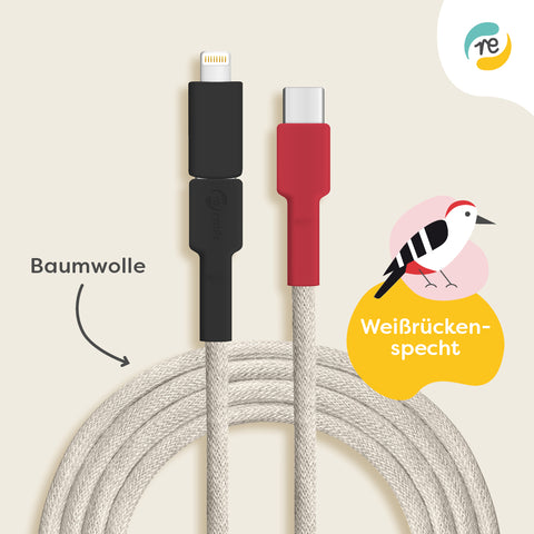 nachhaltiges iPhone Ladekabel USB C zu USB C, Baumwolle, Farbvariante Weißrückenspecht