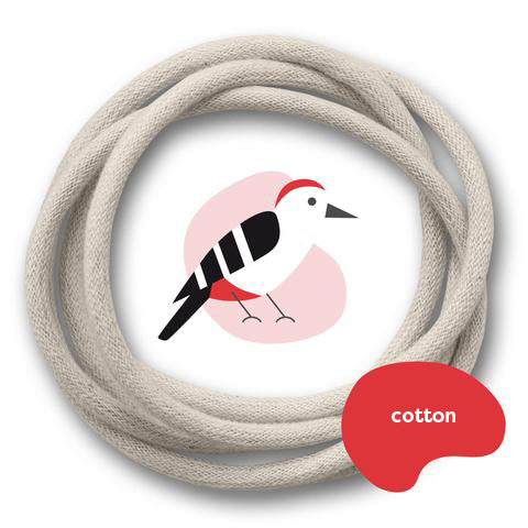 White-backed woodpecker, white cable sheathed in sustainable cotton, black and red plug, graphic