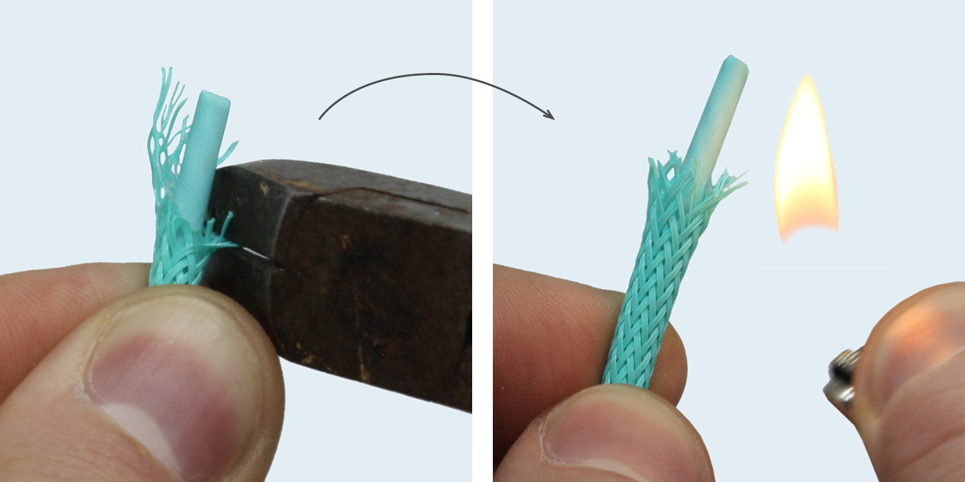 Step 5 recable USB A cable repair, instructions uncover cable and fuse braided sleeve , closeup