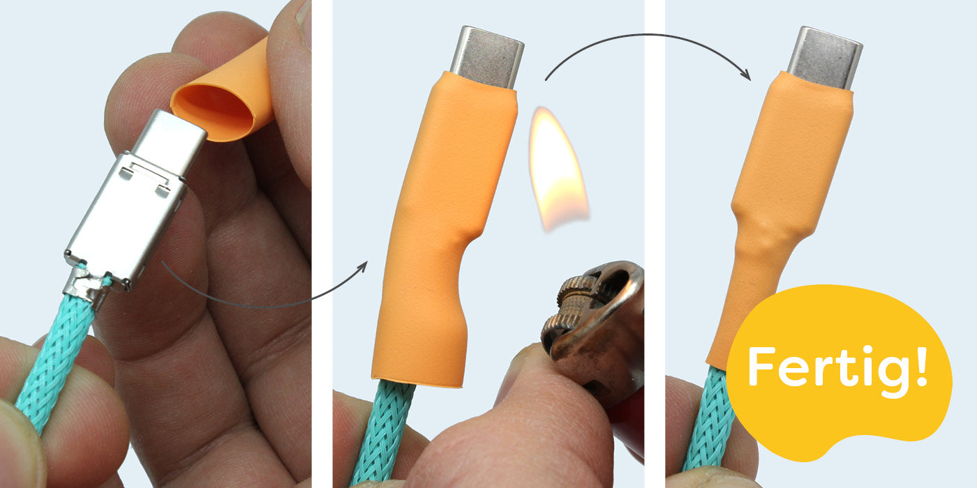 Step 14 Repair broken cable with long USB C plug, How to heat shrink tube shrink with lighter - done! Close up