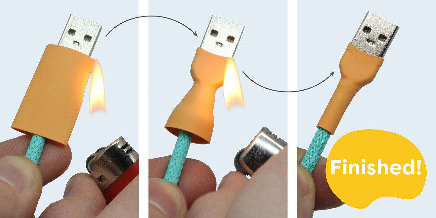 Step 10 recable USB A cable repair, instruction heat shrink tube shrink on with lighter, done! Close up cable repair