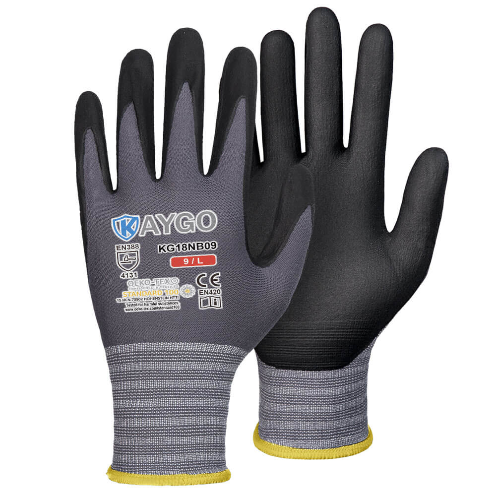 KAYGO Work Gloves PU Coated-12 Pairs, KG15P,Nylon Lite Polyurethane Safety  Work Gloves, Gray Polyurethane Coated, Knit Wrist Cuff,Ideal for Light Duty  Work (Large, Black) 