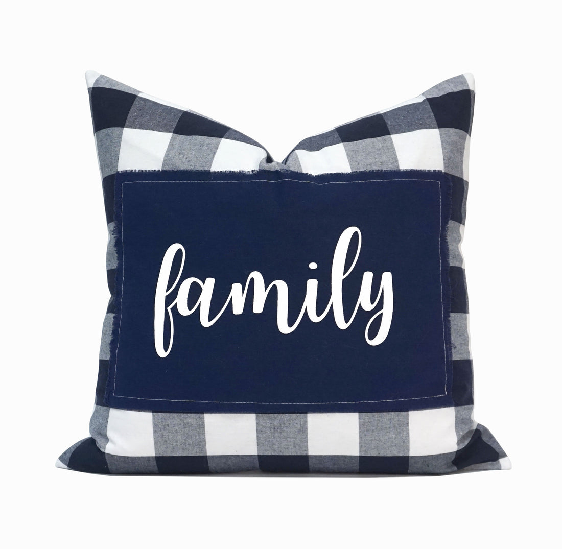 Family Applique Buffalo Check Throw Pillow Cover | Navy | 20" x 20"