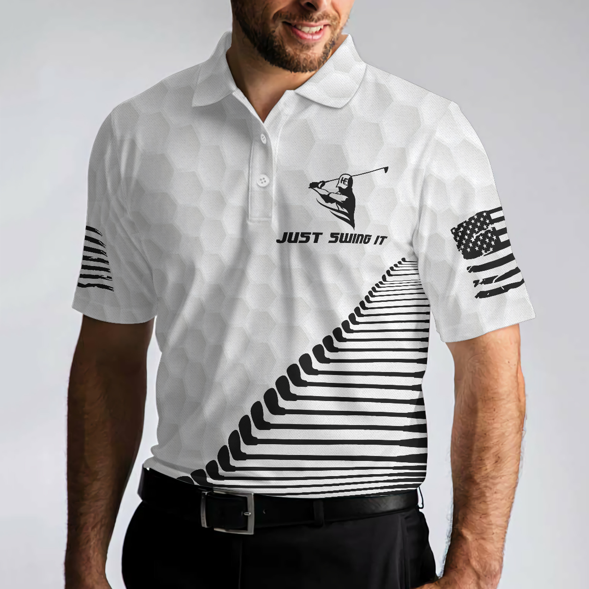 Just Swing It American Golfer Polo Shirt Black And White American Flag