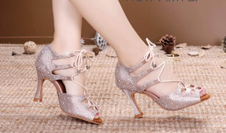 Nude Satin Crystal Ballroom Dance Shoes Latin Salsa Dancing Shoes