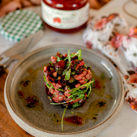 Tartare de betterave et bœuf à la confiture de fraise Récolte